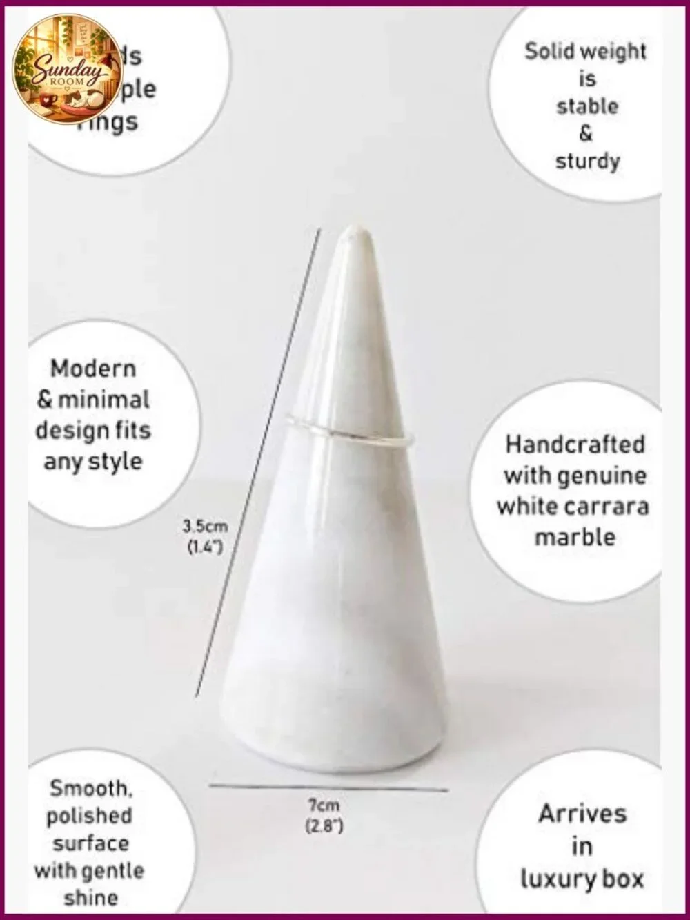 Genuine Marble Ring Holder Cone Display Stand for Jewelry Organizer